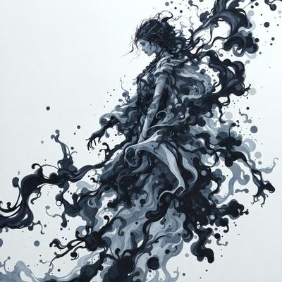 The primary subject of the image is a woman, who is the main focus of the scene. She is depicted in a black and white drawing, which gives the image a classic and timeless feel. The setting is a white background, which provides a clean and uncluttered backdrop for the woman's figure. The visual style of the image is a combination of drawing and digital art, creating a unique and artistic representation of the woman. The colors and mood of the image are predominantly black and white, which adds